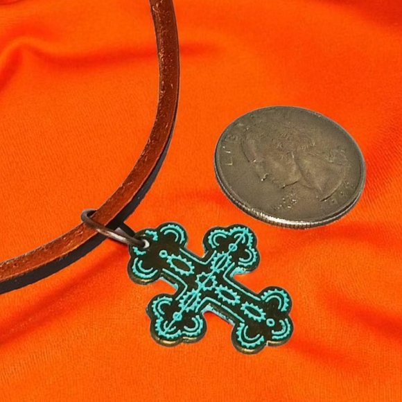 Long Leather Cord Cross Medallion Necklace Western Cowboy Cowgirl Boho Hippie - Picture 8 of 13